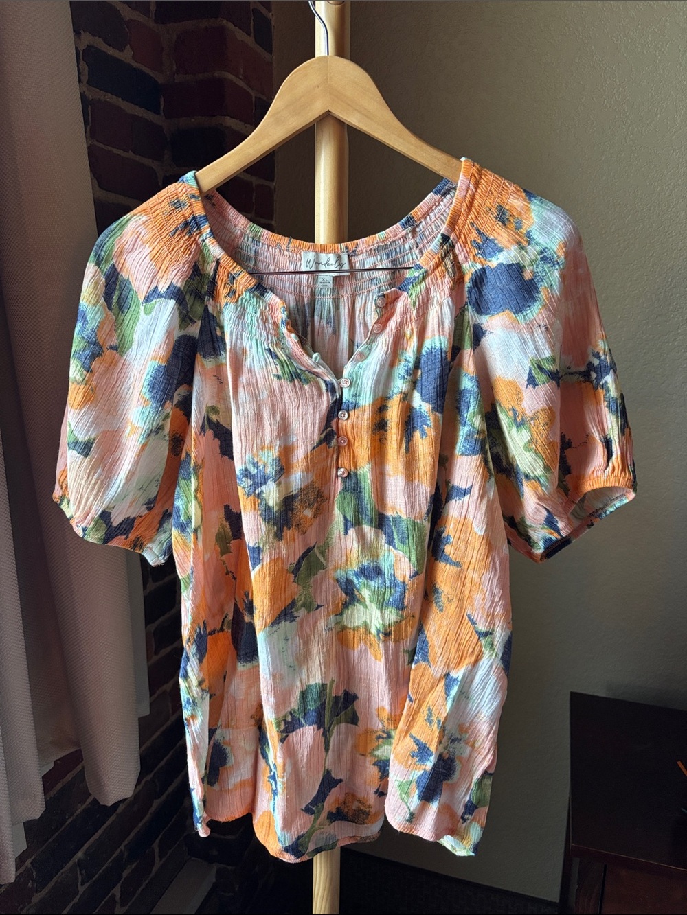 Wonderly Peach Floral Button-Front Puff Sleeve Blouse Size XL